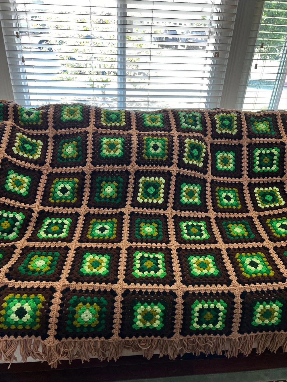 Vintage Crochet Afghan Blanket With Fringe Quilt Granny Size 110